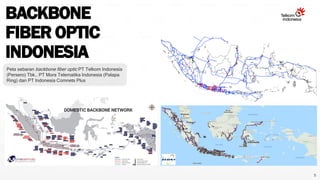 BACKBONE
FIBER OPTIC
INDONESIA
Peta sebaran backbone fiber optic PT Telkom Indonesia
(Persero) Tbk., PT Mora Telematika Indonesia (Palapa
Ring) dan PT Indonesia Comnets Plus
5
 