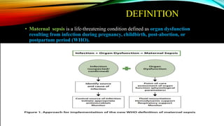 • Maternal sepsis is a life-threatening condition defined as organ dysfunction
resulting from infection during pregnancy, childbirth, post-abortion, or
postpartum period (WHO).
DEFINITION
 