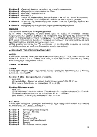 12
Κεφάλαιο 2 «Αντιγραφή, έκφραση και ρύθμιση της γενετικής πληροφορίας».
Κεφάλαιο 4 «Τεχνολογία του ανασυνδυασμένου DNA».
Κεφάλαιο 5 «Μενδελική κληρονομικότητα».
Κεφάλαιο 6 «Μεταλλάξεις».
Κεφάλαιο 7 «Αρχές και μεθοδολογία της Βιοτεχνολογίας» εκτός από την ενότητα ‘’Η παραγωγή
της πενικιλίνης αποτελεί σημαντικό σταθμό στην πορεία της Βιοτεχνολογίας’’
Κεφάλαιο 8 «Εφαρμογές της Βιοτεχνολογίας στην Ιατρική» εκτός από τις ενότητες ‘’Εμβόλια’’ και
‘’Αντιβιοτικά’’.
Κεφάλαιο 9 «Εφαρμογές της Βιοτεχνολογίας στη γεωργία και την κτηνοτροφία».
Σημείωση
Στην εξεταστέα-διδακτέα ύλη δεν περιλαμβάνονται:
α) Τα ένθετα - παραθέματα, τα οποία σκοπό έχουν να δώσουν τη δυνατότητα επιπλέον
πληροφόρησης των μαθητών, ανάλογα με τα ενδιαφέροντά τους, σε θέματα που αναδεικνύουν τη
σχέση της επιστήμης της Βιολογίας και των εφαρμογών της με όλους τους τομείς της κοινωνικής ζωής.
β) Οι χημικοί τύποι, οι οποίοι συνοδεύουν το κείμενο και συμβάλλουν στην κατανόησή του, σε καμία
όμως περίπτωση δεν απαιτείται η απομνημόνευσή τους.
γ) Όσα αναφέρονται υπό τον τίτλο ‘’Ας ερευνήσουμε …’’, στο τέλος κάθε κεφαλαίου και τα οποία
αποτελούν προτάσεις για συνθετικές-δημιουργικές εργασίες των μαθητών.
Δ. ΜΑΘΗΜΑΤΑ ΤΕΧΝΟΛΟΓΙΚΗΣ ΚΑΤΕΥΘΥΝΣΗΣ
ΦΥΣΙΚΗ
Από το βιβλίο « Φυσική Θετικής και Τεχνολογικής κατεύθυνσης» της Γ΄ Τάξης Γενικού Λυκείου, των
Ιωάννου Α., Ντάνου Γ. κ.α., έκδοση 2014, όπως ακριβώς ορίζεται για τη Φυσική της Θετικής
Κατεύθυνσης της Γ΄ τάξης Γενικού Λυκείου.
ΧΗΜΕΙΑ - ΒΙΟΧΗΜΕΙΑ
ΧΗΜΕΙΑ
Από το βιβλίο «Χημεία» της Γ΄ Τάξης Γενικού Λυκείου Τεχνολογικής Κατεύθυνσης των Σ. Λιοδάκη,
Δ. Γάκη κ.ά., έκδοση 2014.
Κεφάλαιο 1 Οξέα – Βάσεις και Ιοντική ισορροπία,
εκτός από:
α) την ισχύ οξέων – βάσεων και μοριακή δομή της παραγράφου 1.2 (σ. 10-12) και
β) το γινόμενο διαλυτότητας της παραγράφου 1.7 (σ. 42-48).
Κεφάλαιο 3 Οργανική χημεία,
εκτός από:
α) την παράγραφο 3.1 στερεοϊσομέρεια (Εναντιοστερεομέρεια και διαστερεομέρεια) (σ. 101-114)
β) την αρωματική υποκατάσταση της παραγράφου 3.2 (σ. 121-122) και
γ) τις οργανικές συνθέσεις της παραγράφου 3.3 (σ. 130-138).
ΒΙΟΧΗΜΕΙΑ
Από το βιβλίο «Βιοχημεία Τεχνολογικής Κατεύθυνσης» της Γ΄ τάξης Γενικού Λυκείου των Γιαλούρη
Π., Μποσινάκου Αικ., Σίδερη Δ., έκδοση 2014.
Κεφάλαιο 1 Οργανική Χημεία και Βιοχημεία
Κεφάλαιο 2 Αμινοξέα – Πεπτίδια
Κεφάλαιο 3 Πρωτεΐνες
Κεφάλαιο 4 Ένζυμα
Κεφάλαιο 5 Νουκλεϊνικά οξέα
Κεφάλαιο 7 Βασικές αρχές μεταβολισμού
Κεφάλαιο 8 Σάκχαρα
Κεφάλαιο 9 Μεταβολισμός των σακχάρων
 