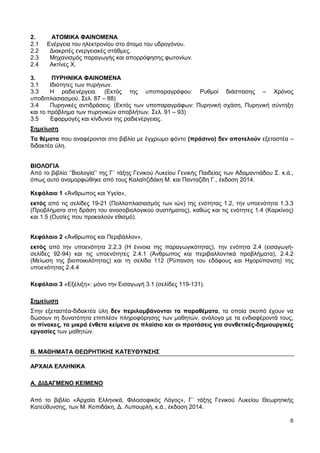 6
2. ΑΤΟΜΙΚΑ ΦΑΙΝΟΜΕΝΑ
2.1 Ενέργεια του ηλεκτρονίου στο άτομο του υδρογόνου.
2.2 Διακριτές ενεργειακές στάθμες.
2.3 Μηχανισμός παραγωγής και απορρόφησης φωτονίων.
2.4 Ακτίνες Χ.
3. ΠΥΡΗΝΙΚΑ ΦΑΙΝΟΜΕΝΑ
3.1 Ιδιότητες των πυρήνων.
3.3 Η ραδιενέργεια. (Εκτός της υποπαραγράφου: Ρυθμοί διάσπασης – Χρόνος
υποδιπλασιασμού. Σελ. 87 – 88)
3.4 Πυρηνικές αντιδράσεις. (Εκτός των υποπαραγράφων: Πυρηνική σχάση, Πυρηνική σύντηξη
και το πρόβλημα των πυρηνικών αποβλήτων. Σελ. 91 – 93)
3.5 Εφαρμογές και κίνδυνοι της ραδιενέργειας.
Σημείωση
Τα θέματα που αναφέρονται στο βιβλίο με έγχρωμο φόντο (πράσινο) δεν αποτελούν εξεταστέα –
διδακτέα ύλη.
ΒΙΟΛΟΓΙΑ
Από το βιβλίο ‘’Βιολογία’’ της Γ΄ τάξης Γενικού Λυκείου Γενικής Παιδείας των Αδαμαντιάδου Σ. κ.ά.,
όπως αυτό αναμορφώθηκε από τους Καλαϊτζιδάκη Μ. και Πανταζίδη Γ., έκδοση 2014.
Κεφάλαιο 1 «Άνθρωπος και Υγεία»,
εκτός από τις σελίδες 19-21 (Πολλαπλασιασμός των ιών) της ενότητας 1.2, την υποενότητα 1.3.3
(Προβλήματα στη δράση του ανοσοβιολογικού συστήματος), καθώς και τις ενότητες 1.4 (Καρκίνος)
και 1.5 (Ουσίες που προκαλούν εθισμό).
Κεφάλαιο 2 «Άνθρωπος και Περιβάλλον»,
εκτός από την υποενότητα 2.2.3 (Η έννοια της παραγωγικότητας), την ενότητα 2.4 (εισαγωγή-
σελίδες 92-94) και τις υποενότητες 2.4.1 (Άνθρωπος και περιβαλλοντικά προβλήματα), 2.4.2
(Μείωση της βιοποικιλότητας) και τη σελίδα 112 (Ρύπανση του εδάφους και Ηχορύπανση) της
υποενότητας 2.4.4
Κεφάλαιο 3 «Εξέλιξη»: μόνο την Εισαγωγή 3.1 (σελίδες 119-131).
Σημείωση
Στην εξεταστέα-διδακτέα ύλη δεν περιλαμβάνονται τα παραθέματα, τα οποία σκοπό έχουν να
δώσουν τη δυνατότητα επιπλέον πληροφόρησης των μαθητών, ανάλογα με τα ενδιαφέροντά τους,
οι πίνακες, τα μικρά ένθετα κείμενα σε πλαίσιο και οι προτάσεις για συνθετικές-δημιουργικές
εργασίες των μαθητών.
Β. ΜΑΘΗΜΑΤΑ ΘΕΩΡΗΤΙΚΗΣ ΚΑΤΕΥΘΥΝΣΗΣ
ΑΡΧΑΙΑ ΕΛΛΗΝΙΚΑ
A. ΔΙΔΑΓΜΕΝΟ ΚΕΙΜΕΝΟ
Από το βιβλίο «Αρχαία Ελληνικά, Φιλοσοφικός Λόγος», Γ΄ τάξης Γενικού Λυκείου Θεωρητικής
Κατεύθυνσης, των Μ. Κοπιδάκη, Δ. Λυπουρλή, κ.ά., έκδοση 2014.
 