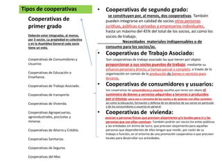 Tipos de cooperativas
Cooperativas de
primer grado
Deberán estar integradas, al menos,
por 3 socios. La propiedad es colectiva
y en la Asamblea General cada socio
tiene un voto.
Cooperativas de Consumidores y
Usuarios
Cooperativas de Educación o
Enseñanza.
Cooperativas de Trabajo Asociado.
Cooperativas de transporte.
Cooperativas de Vivienda.
Cooperativas Agropecuarias,
agroindustriales, piscícolas y
mineras
Cooperativas de Ahorro y Crédito.
Cooperativas Sanitarias.
Cooperativas de Seguros
Cooperativas del Mar.
• Cooperativas de segundo grado:
se constituyen por, al menos, dos cooperativas. También
pueden integrarse en calidad de socios otras personas
jurídicas, públicas o privadas y empresarios individuales,
hasta un máximo del 45% del total de los socios, así como los
socios de trabajo.
Necesidades materiales indispensables o de
consumo para los socios/as.
• Cooperativas de Trabajo Asociado:
Son cooperativas de trabajo asociado las que tienen por objeto
proporcionar a sus socios puestos de trabajo, mediante su
esfuerzo personal y directo, a tiempo parcial o completo, a través de la
organización en común de la producción de bienes o servicios para
terceros.
• Cooperativas de consumidores y usuarios:
Son cooperativas de consumidores y usuarios aquéllas que tienen por objeto el
suministro de bienes y servicios adquiridos a terceros o producidos
por sí mismas, para uso o consumo de los socios y de quienes con ellos conviven,
así como la educación, formación y defensa de los derechos de sus socios en particular
y de los consumidores y usuarios en general.
• Cooperativas de vivienda:
asocian a personas físicas que precisen alojamiento y/o locales para sí y las
personas que con ellas convivan. También podrán ser socios los entes públicos
y las entidades sin ánimo de lucro, que precisen alojamiento para aquellas
personas que dependientes de ellos tengan que residir, por razón de su
trabajo o función, en el entorno de una promoción cooperativa o que precisen
locales para desarrollar sus actividades.
 