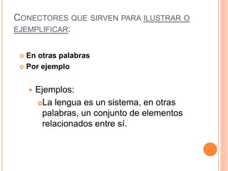 CONECTORES QUE SIRVEN PARA ILUSTRAR O 
EJEMPLIFICAR: 
 En otras palabras 
 Por ejemplo 
 Ejemplos: 
La lengua es un sistema, en otras 
palabras, un conjunto de elementos 
relacionados entre sí. 
 