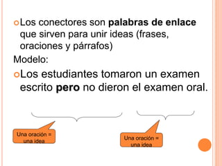 Los conectores son palabras de enlace 
que sirven para unir ideas (frases, 
oraciones y párrafos) 
Modelo: 
Los estudiantes tomaron un examen 
escrito pero no dieron el examen oral. 
 