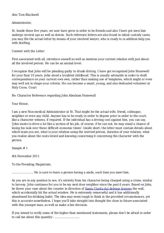 Character Reference Letter For Court Drink Driving