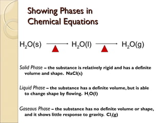 Showing Phases in
   Chemical Equations

H2O(s)                    H2O(l)                    H2O(g)


Solid Phase – the substance is relatively rigid and has a definite
  volume and shape. NaCl(s)


Liquid Phase – the substance has a definite volume, but is able
  to change shape by flowing. H2O(l)


Gaseous Phase – the substance has no definite volume or shape,
  and it shows little response to gravity. Cl2(g)
 