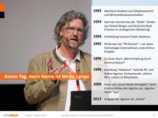 Guten Tag, mein Name ist Mirko Lange
Sonntag, 3. August 2014 copyright talkabout consulting (alle Rechte vorbehalten) 3
19...