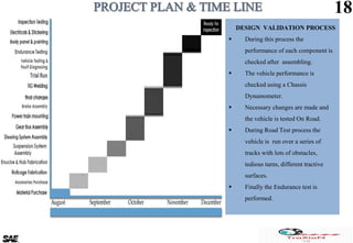 18
DESIGN VALIDATION PROCESS
 During this process the
performance of each component is
checked after assembling.
 The vehicle performance is
checked using a Chassis
Dynamometer.
 Necessary changes are made and
the vehicle is tested On Road.
 During Road Test process the
vehicle is run over a series of
tracks with lots of obstacles,
tedious turns, different tractive
surfaces.
 Finally the Endurance test is
performed.
 
