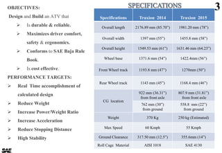 3
Specifications Traxion 2014 Traxion 2015
Overall length 2176.89 mm (85.70”) 1981.20 mm (78”)
Overall width 1397 mm (55”) 1455.8 mm (58”)
Overall height 1549.53 mm (61”) 1631.46 mm (64.23”)
Wheel base 1371.6 mm (54”) 1422.4mm (56”)
Front Wheel track 1193.8 mm (47”) 1270mm (50”)
Rear Wheel track 1143 mm (45”) 1168.4 mm (46”)
CG location
922 mm (36.31”)
from front axle
807.9 mm (31.81”)
from front axle
762 mm (30”)
from ground
558.8 mm (22”)
from ground
Weight 370 Kg 250 kg (Estimated)
Max Speed 60 Kmph 55 Kmph
Ground Clearance 317.50 mm (12.5”) 355.6mm (14”)
Roll Cage Material AISI 1018 SAE 4130
OBJECTIVES:
Design and Build an ATV that
 Is durable & reliable.
 Maximizes driver comfort,
safety & ergonomics.
 Conforms to SAE Baja Rule
Book.
 Is cost effective.
PERFORMANCE TARGETS:
 Real Time accomplishment of
calculated design
 Reduce Weight
 Increase Power/Weight Ratio
 Increase Acceleration
 Reduce Stopping Distance
 High Stability
 