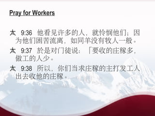 Pray for Workers
̫ 9:36 ˣǣ
Ϊ룬ͬûһ㡣
̫ 9:37 Ƕͽ˵Ҫյׯڶ࣬
١
̫ 9:38 ԣǵׯڵ򷢹
ȥׯڡ
 