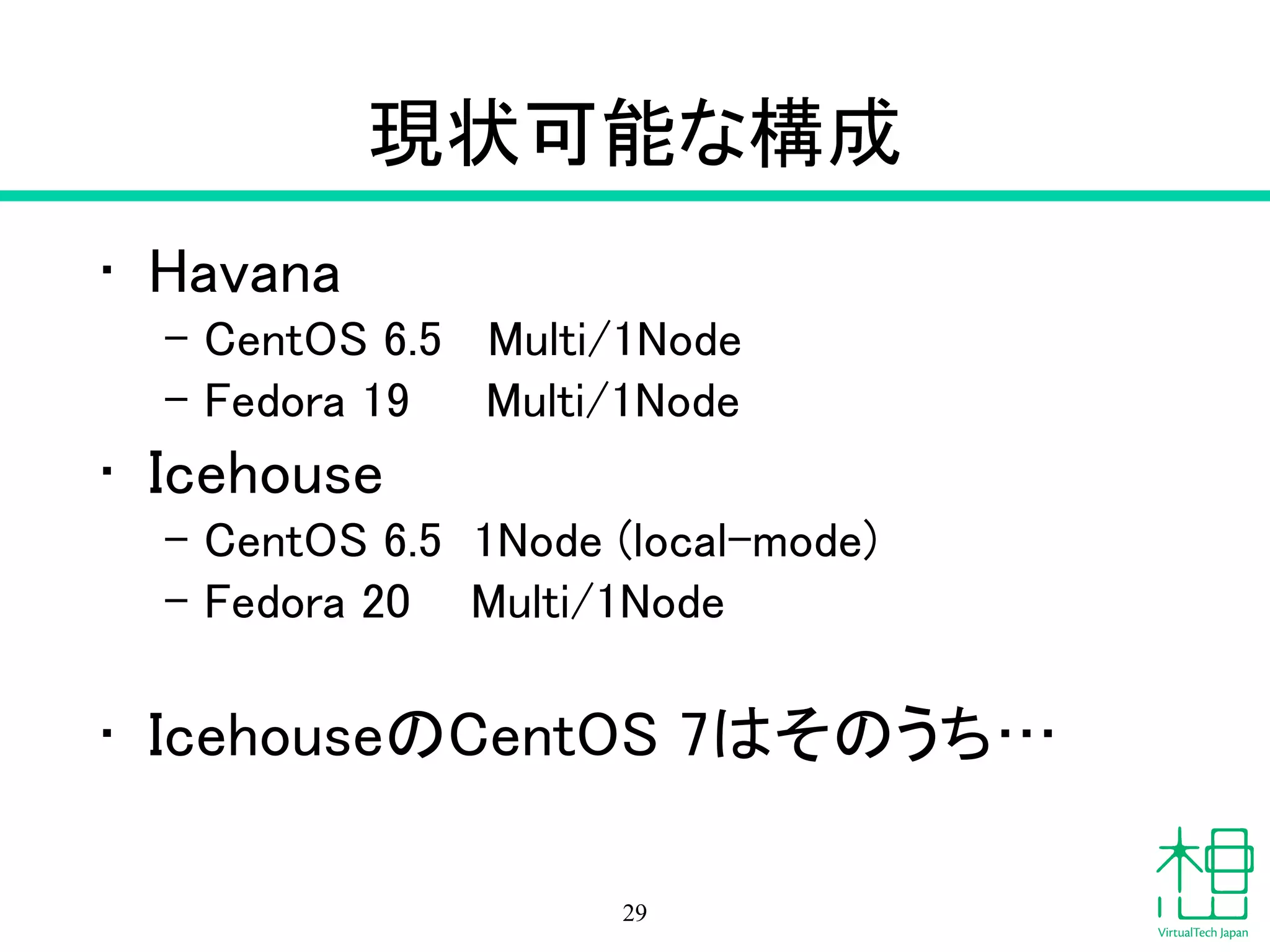 現状可能な構成
• Havana
– CentOS 6.5 Multi/1Node
– Fedora 19 Multi/1Node
• Icehouse
– CentOS 6.5 1Node (local-mode)
– Fedora 20 Multi/1Node
29
 