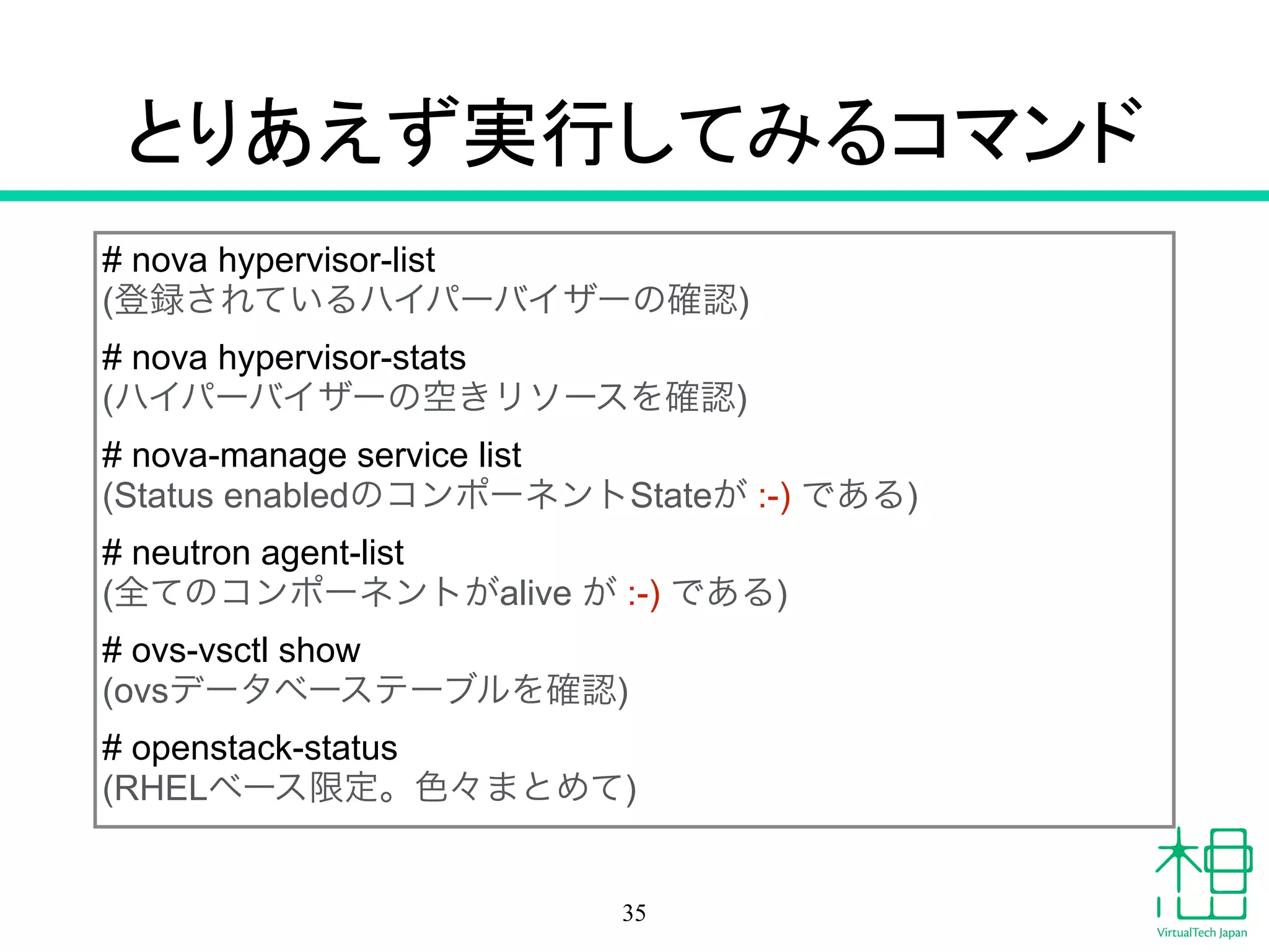 コマンドのルール
• COMPONENT option-list
• COMPONENT option list
- 一覧を表示
• COMPONENT option-show id
• (もしくはCOMPONENT option-get id)
- 詳細情報を表示
35
 