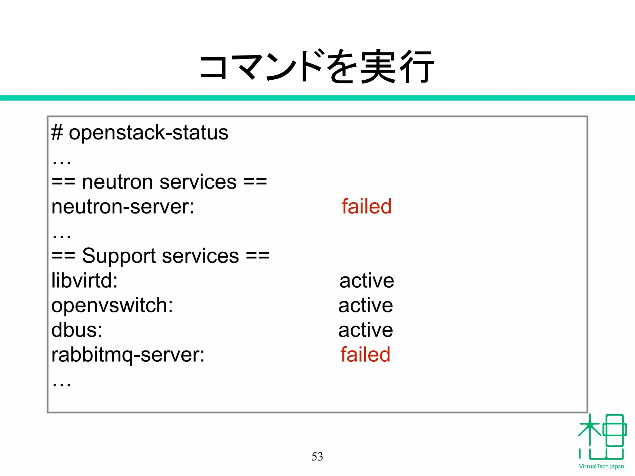 原因
1. RabbitMQサーバーが起動してない
2. Neutronサーバーが起動しない
3. トンネル(br-tun)が作られない
4. ネットワークノードとコンピュートがつ
ながらない
5. インスタンスがネットワークにつなが
らない
53
 