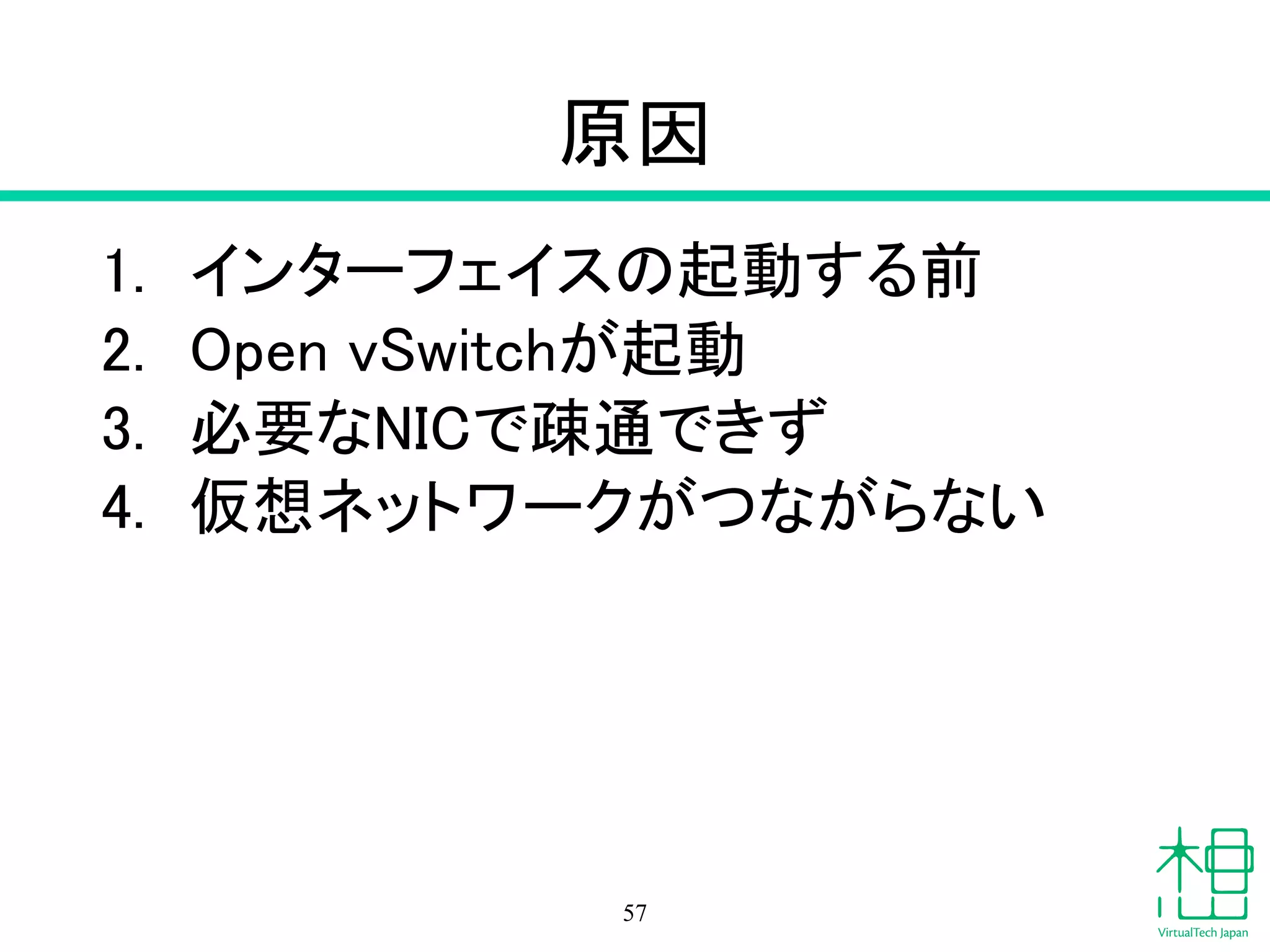 症例
• RDO PackstackでIcehouseを構築
• エラーなく構築完了
• インスタンスを起動
• Pingは可能
• SSHアクセス不安定
• インスタンス上でネットワークトラフィッ
クを発生するとタイムアウト or 切断
– wget /curl
– SSH 57
 