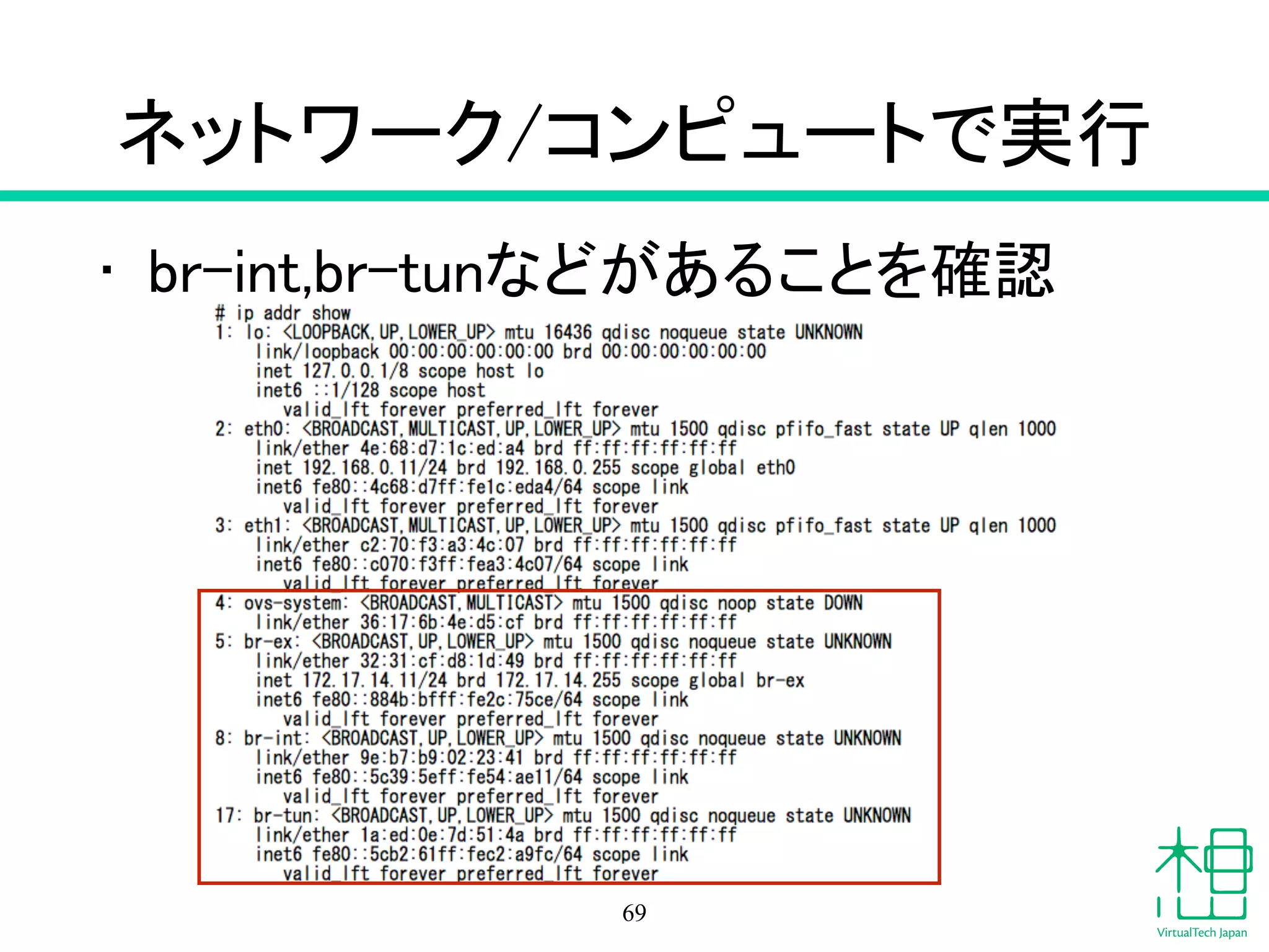 Network Namespaceとは
• Linuxホストの中に仮想的なネットワー
ク環境を作成
• ネットワークの分離
• Linux Kernel 2.6.24以降でサポート
– RHEL 6.5+RDOのiproute2
– Fedora 16以降
– Ubuntu 12.04以降
69
 