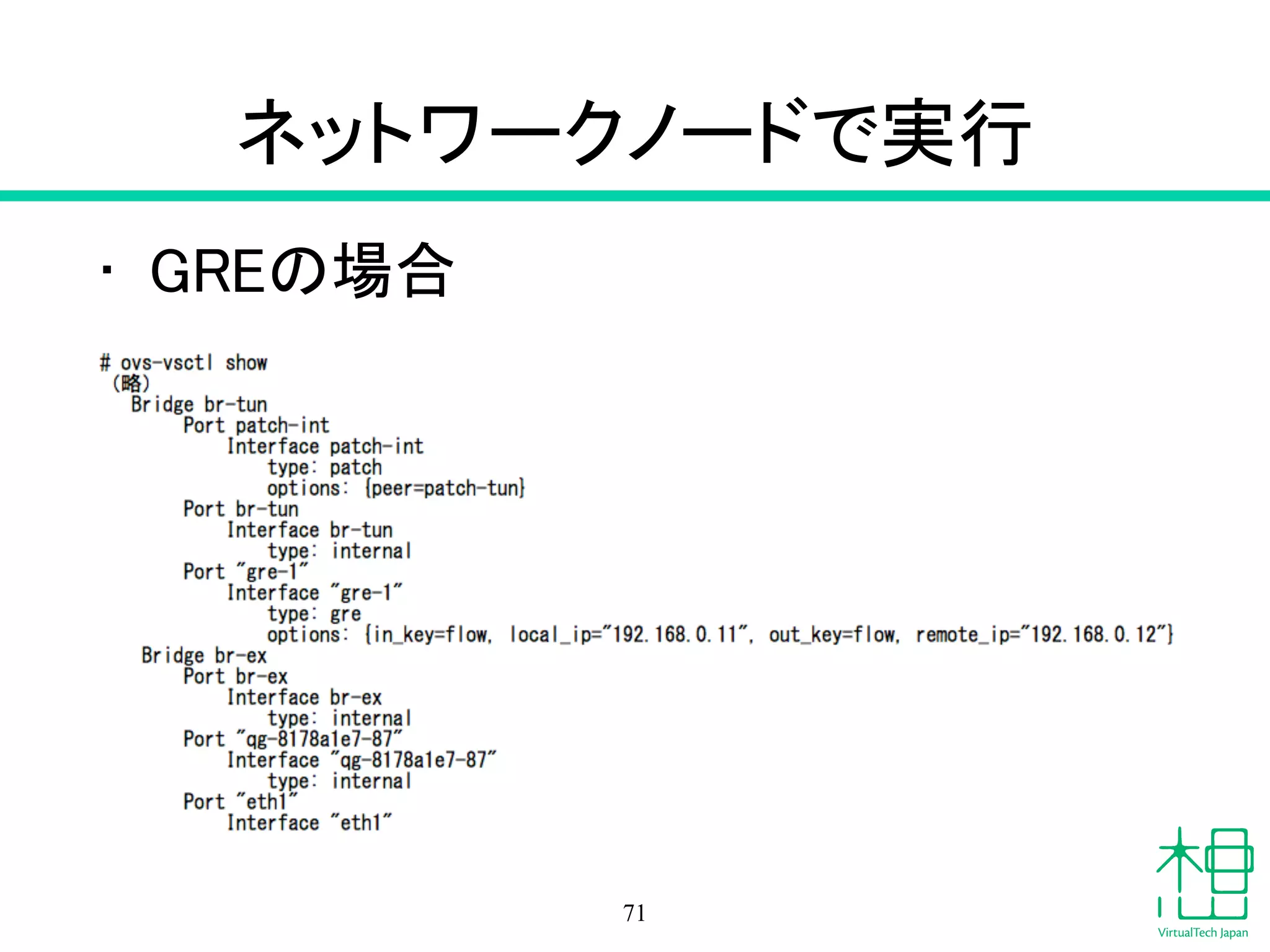 qrouterとqdhcp
• ip netnsで一覧
• ip netns execで内容確認
!
• qrouter
– ルータをネットワーク接続すると出現
• qdhcp
– DHCPサーバが作成されると出現
※はじめてインスタンスが作られたタイミングでDHCP
サーバーが作られる
71
 
