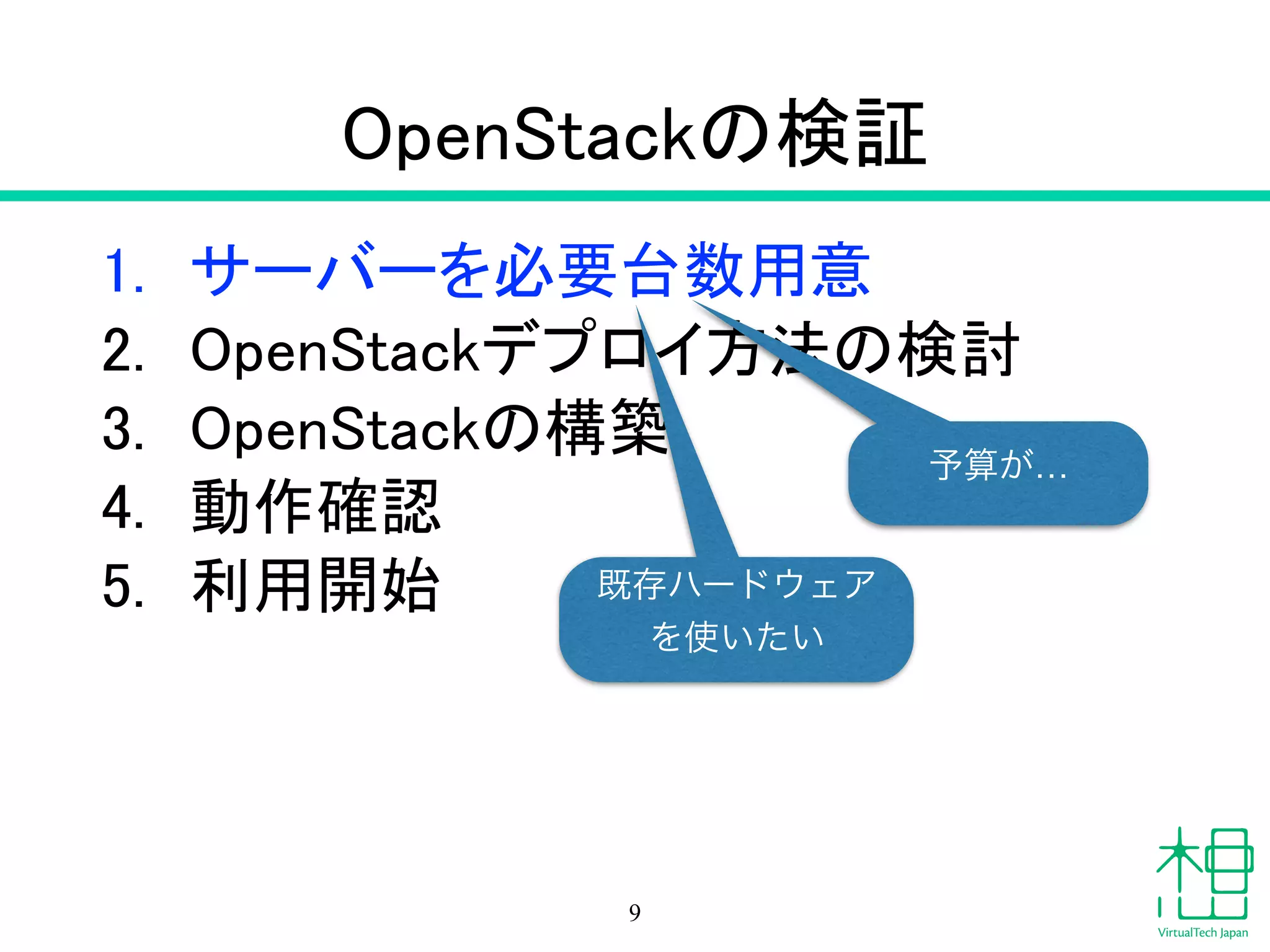 OpenStackの検証
1. サーバーを必要台数用意
2. OpenStackデプロイ方法の検討
3. OpenStackの構築
4. 動作確認
5. 利用開始
9
予算が…
既存ハードウェア
を使いたい
 