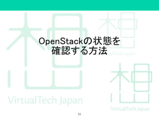 CentOS 7でIcehouse
• RDO Packstackで構築する場合はパッ
チ充てが必要です。
–Bug 1117871
– 参考
• 手がかりがあるのでそのうち対応しま
す。
31
 
