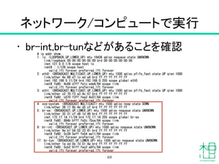 Network Namespaceとは
• Linuxホストの中に仮想的なネットワー
ク環境を作成
• ネットワークの分離
• Linux Kernel 2.6.24以降でサポート
– RHEL 6.5+RDOのiproute2
– Fedora 16以降
– Ubuntu 12.04以降
69
 