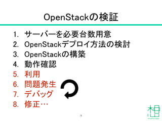 OpenStackの検証
1. サーバーを必要台数用意
2. OpenStackデプロイ方法の検討
3. OpenStackの構築
4. 動作確認
5. 利用
6. 問題発生
7. デバッグ
8. 修正…
7
 