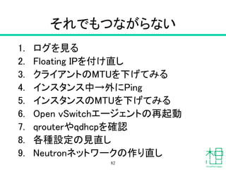 原因
1. インターフェイスの起動する前
2. Open vSwitchが起動
3. 必要なNICで疎通できず
4. 仮想ネットワークがつながらない
82
 
