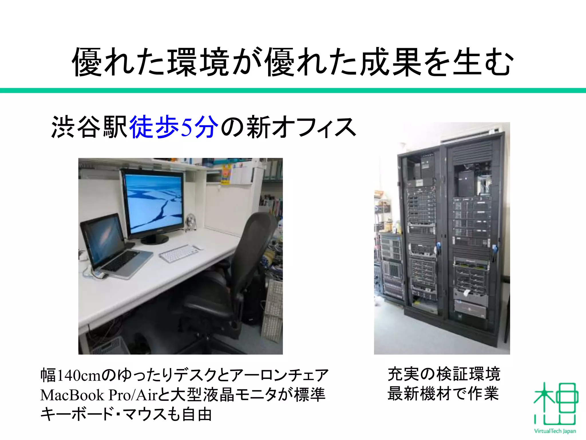 優れた環境が優れた成果を生む
渋谷駅徒歩5分の新オフィス
幅140cmのゆったりデスクとアーロンチェア
MacBook Pro/Airと大型液晶モニタが標準
キーボード・マウスも自由
充実の検証環境
最新機材で作業
 