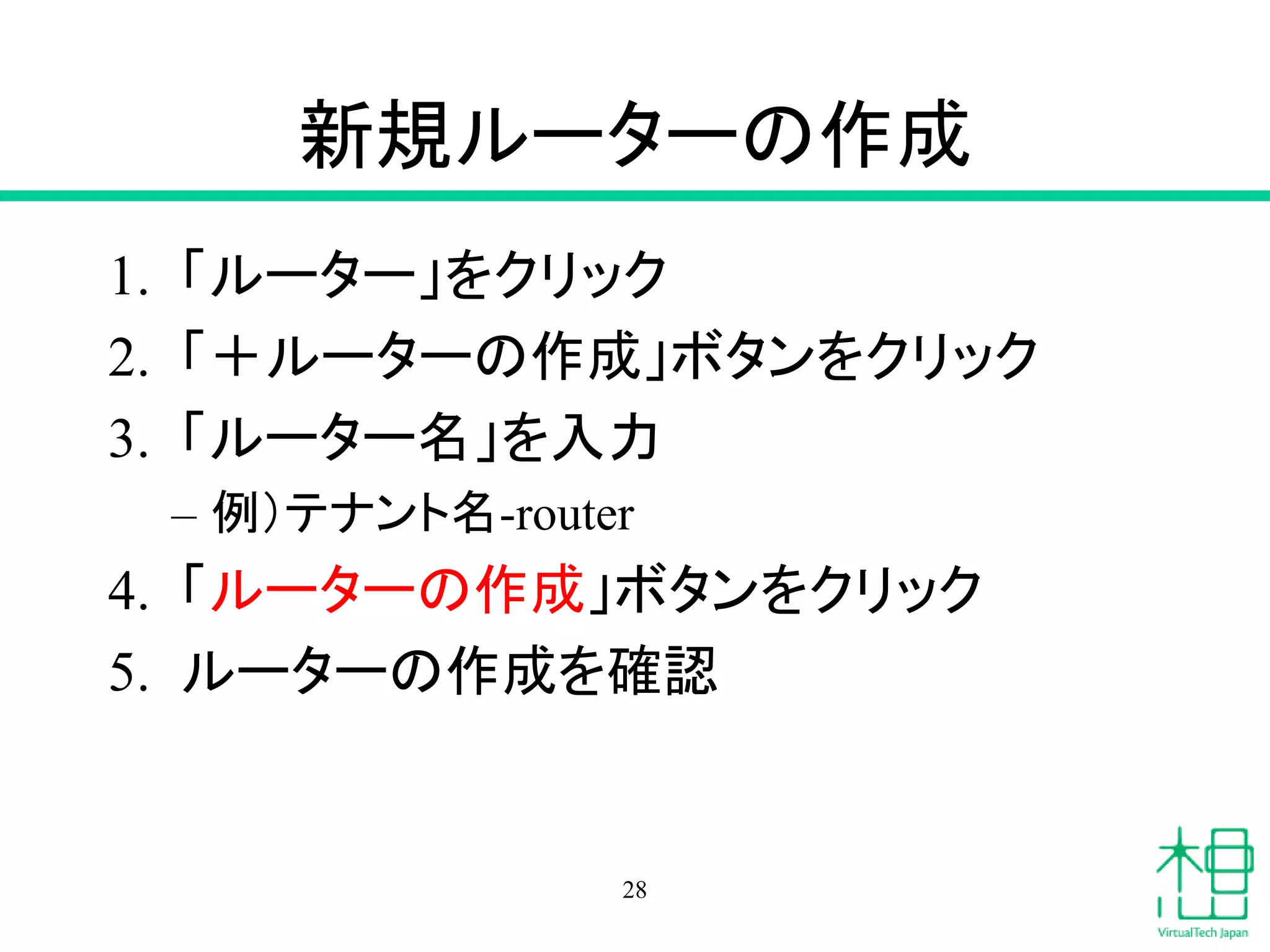 新規ルーターの作成
1. 「ルーター」をクリック
2. 「＋ルーターの作成」ボタンをクリック
3. 「ルーター名」を入力
– 例）テナント名-router
4. 「ルーターの作成」ボタンをクリック
5. ルーターの作成を確認
28
 