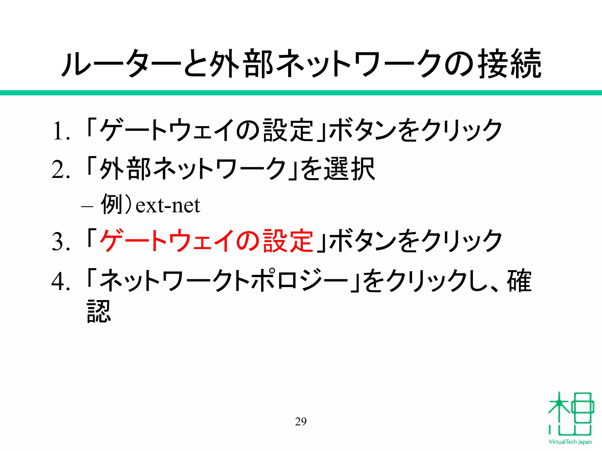 ルーターと外部ネットワークの接続
1. 「ゲートウェイの設定」ボタンをクリック
2. 「外部ネットワーク」を選択
– 例）ext-net
3. 「ゲートウェイの設定」ボタンをクリック
4. 「ネットワークトポロジー」をクリックし、確
認
29
 