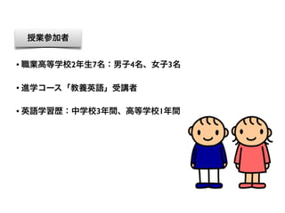 • 職業高等学校2年生7名：男子4名、女子3名
• 進学コース「教養英語」受講者
• 英語学習歴：中学校3年間、高等学校1年間
授業参加者
 