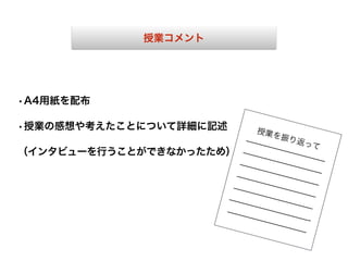 授業コメント
•A4用紙を配布
•授業の感想や考えたことについて詳細に記述
（インタビューを行うことができなかったため）
授業を振り返って
̶̶̶̶̶̶̶̶̶̶
̶̶̶̶̶̶̶̶̶̶
̶̶̶̶̶̶̶̶̶̶
̶̶̶̶̶̶̶̶̶̶
̶̶̶̶̶̶̶̶̶̶
̶̶̶̶̶̶̶̶̶̶-
̶̶̶̶̶̶̶̶̶̶
 