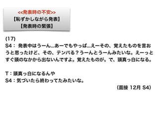 (17)
S4： 発表中はうーん...あーでもやっぱ...えーその、覚えたものを言お
うと思ったけど、その、テンパる？うーんとうーんみたいな。えーっと
すぐ頭のなかから出ないんですよ。覚えたものが。で、頭真っ白になる。
T：頭真っ白になるんや
S4：気づいたら終わってたみたいな。
（面接 12月 S4）
<<発表時の不安>>
【恥ずかしながら発表】
【発表時の緊張】
 