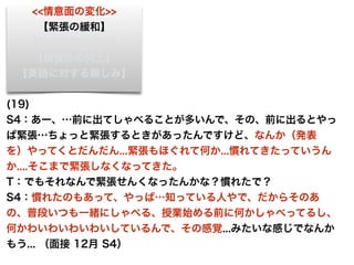 <<情意面の変化>>
【緊張の緩和】
【能力認知の向上】
【積極性の向上】
【英語に対する親しみ】
(19)
S4：あー、…前に出てしゃべることが多いんで、その、前に出るとやっ
ぱ緊張…ちょっと緊張するときがあったんですけど、なんか（発表
を）やってくとだんだん...緊張もほぐれて何か...慣れてきたっていうん
か....そこまで緊張しなくなってきた。
T：でもそれなんで緊張せんくなったんかな？慣れたで？
S4：慣れたのもあって、やっぱ…知っている人やで、だからそのあ
の、普段いつも一緒にしゃべる、授業始める前に何かしゃべってるし、
何かわいわいわいわいしているんで、その感覚...みたいな感じでなんか
もう... （面接 12月 S4）
 