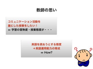 教師の思い
コミュニケーション活動を
基にした授業をしたい！
学習の習熟度・授業態度が・・・
英語を使おうとする態度
＋英語運用能力の育成
How?
 