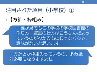 注目された項目（小学校）①
•【方針・枠組み】
32
…誰が見てもこの学校の学校図書館の
作り方、運営の仕方はこうなんだよっ
ていうのがわかるものじゃなくちゃ、
意味がないと思います。
…方針とか枠組みっていうの、多分絶
対必要になりますよね
 