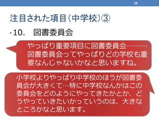 注目された項目（中学校）③
•10. 図書委員会
39
やっぱり重要項目に図書委員会………
図書委員会ってやっぱりどの学校も重
要なんじゃないかなと思いますね。
小学校よりやっぱり中学校のほうが図書委
員会が大きくて…特に中学校なんかはこの
委員会をどのようにやってきたかとか、ど
うやっていきたいかっていうのは、大きな
ところかなと思います。
 