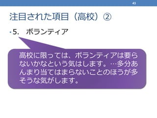 注目された項目（高校）②
• 5. ボランティア
43
高校に限っては、ボランティアは要ら
ないかなという気はします。…多分あ
んまり当てはまらないことのほうが多
そうな気がします。
 
