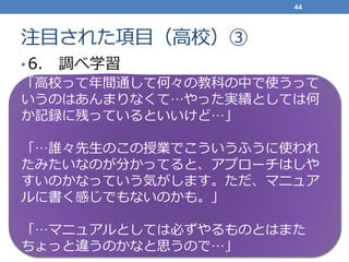 注目された項目（高校）③
• 6. 調べ学習
44
「高校って年間通して何々の教科の中で使うって
いうのはあんまりなくて…やった実績としては何
か記録に残っているといいけど…」
「…誰々先生のこの授業でこういうふうに使われ
たみたいなのが分かってると、アプローチはしや
すいのかなっていう気がします。ただ、マニュア
ルに書く感じでもないのかも。」
「…マニュアルとしては必ずやるものとはまた
ちょっと違うのかなと思うので…」
 