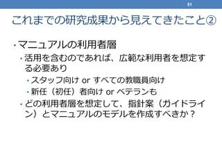 これまでの研究成果から見えてきたこと②
• マニュアルの利用者層
• 活用を含むのであれば、広範な利用者を想定す
る必要あり
• スタッフ向け or すべての教職員向け
• 新任（初任）者向け or ベテランも
• どの利用者層を想定して、指針案（ガイドライ
ン）とマニュアルのモデルを作成すべきか？
51
 