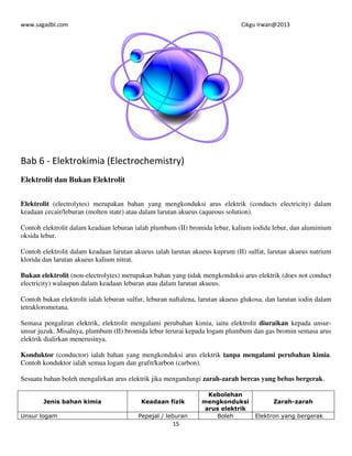 www.sagadbl.com Cikgu Irwan@2013
15
Bab 6 - Elektrokimia (Electrochemistry)
Elektrolit dan Bukan Elektrolit
Elektrolit (electrolytes) merupakan bahan yang mengkonduksi arus elektrik (conducts electricity) dalam
keadaan cecair/leburan (molten state) atau dalam larutan akueus (aqueous solution).
Contoh elektrolit dalam keadaan leburan ialah plumbum (II) bromida lebur, kalium iodida lebur, dan aluminium
oksida lebur.
Contoh elektrolit dalam keadaan larutan akueus ialah larutan akueus kuprum (II) sulfat, larutan akueus natrium
klorida dan larutan akueus kalium nitrat.
Bukan elektrolit (non-electrolytes) merupakan bahan yang tidak mengkonduksi arus elektrik (does not conduct
electricity) walaupun dalam keadaan leburan atau dalam larutan akueus.
Contoh bukan elektrolit ialah leburan sulfur, leburan naftalena, larutan akueus glukosa, dan larutan iodin dalam
tetraklorometana.
Semasa pengaliran elektrik, elektrolit mengalami perubahan kimia, iaitu elektrolit diuraikan kepada unsur-
unsur juzuk. Misalnya, plumbum (II) bromida lebur terurai kepada logam plumbum dan gas bromin semasa arus
elektrik dialirkan menerusinya.
Konduktor (conductor) ialah bahan yang mengkonduksi arus elektrik tanpa mengalami perubahan kimia.
Contoh konduktor ialah semua logam dan grafit/karbon (carbon).
Sesuatu bahan boleh mengalirkan arus elektrik jika mengandungi zarah-zarah bercas yang bebas bergerak.
Jenis bahan kimia Keadaan fizik
Kebolehan
mengkonduksi
arus elektrik
Zarah-zarah
Unsur logam Pepejal / leburan Boleh Elektron yang bergerak
 