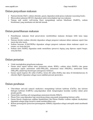 www.sagadbl.com Cikgu Irwan@2013
18
Dalam penyediaan makanan
• Natrium klorida (NaCl, sodium chloride), garam, digunakan untuk perasa makanan (seasoning foods).
• Monosodium glutamat (M.S.G) digunakan untuk menyedapkan lagi rasa makanan.
• Tepung naik sendiri (self-raising flour) mengandungi natrium bikarbonat (NaHCO3, sodium
bicarbonate) yang membantu roti dan kek menaik.
Dalam pemeliharaan makanan
• Pemeliharaan makanan (food preservation) membolehkan makanan disimpan lebih lama tanpa
kerosakan.
• Natrium klorida (sodium chloride) digunakan sebagai pengawet makanan dalam makanan seperti ikan
masin dan telur masin.
• Sodium benzoate (C6H5COONa) digunakan sebagai pengawet makanan dalam makanan seperti sos
tomato, sos tiram dan jem.
• Sodium nitrit (NaNO2) digunakan untuk memelihara (preserve) daging yang diproses seperti burger,
sosej dan ham.
Dalam pertanian
• Untuk meningkatkan pengeluaran makanan.
• Garam nitrat seperti kalium nitrat (potassium nitrate, KNO3), sodium nitrat (NaNO3) dan garam
ammonium seperti ammonium sulfat (NH4)2SO4, ammonium nitrat (NH4NO3), ammonium fosfat
(NH4)3PO4 adalah baja bernitrogen (nitrogenous fertiliser).
• Garam seperti kuprum (II) sulfat (CuSO4), ferum (II) sulfat (FeSO4) dan raksa (I) klorida/mercury (I)
chloride (HgCl) digunakan sebagai racun makhluk perosak (pesticides).
Dalam perubatan
• Ubat-ubatan anti-asid (antacid medicines) mengandungi kalsium karbonat (CaCO3), dan kalsium
hidrogen karbonat (CaHCO3) yang digunakan untuk mengurangkan keasidan (acidity) dalam perut
pesakit gastrik.
• Garam hidu (smelling salt) mengandungi ammonium klorida (NH4Cl).
• Plaster Paris yang digunakan bagi menyokong tulang yang patah mengandungi kalsium sulfat.
• Garam Epsom (magnesium sulphate heptahydrate) dan Garam Glauber (sodium sulphate decahydrate)
digunakan sebagai julap (laxative) untuk membersihkan usus.
• Kalium permanganat (potassium permanganate, KMnO4) digunakan sebagai antiseptik untuk membunuh
kuman.
 