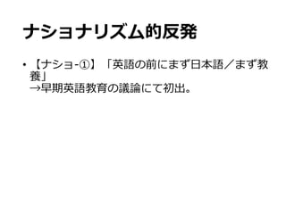 ナショナリズム的反発
•  【ナショ-‐‑‒①】「英語の前にまず⽇日本語／まず教
養」
→早期英語教育の議論論にて初出。
 