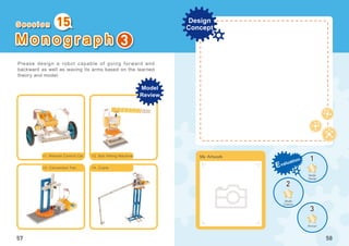 1
2
3
Design
Concept
My Artwork
58
S e s s i o n
Evaluation
Model
Design
Model
Creation
Winner!
57
Please design a robot capable of going for ward and
backward as well as waving its arms based on the learned
theory and model.
3
15
M o n o g r a p h
11. Remote Control Car
13. Convection Fan
12. Ball Hitting Machine
14. Crane
Model
Review
 