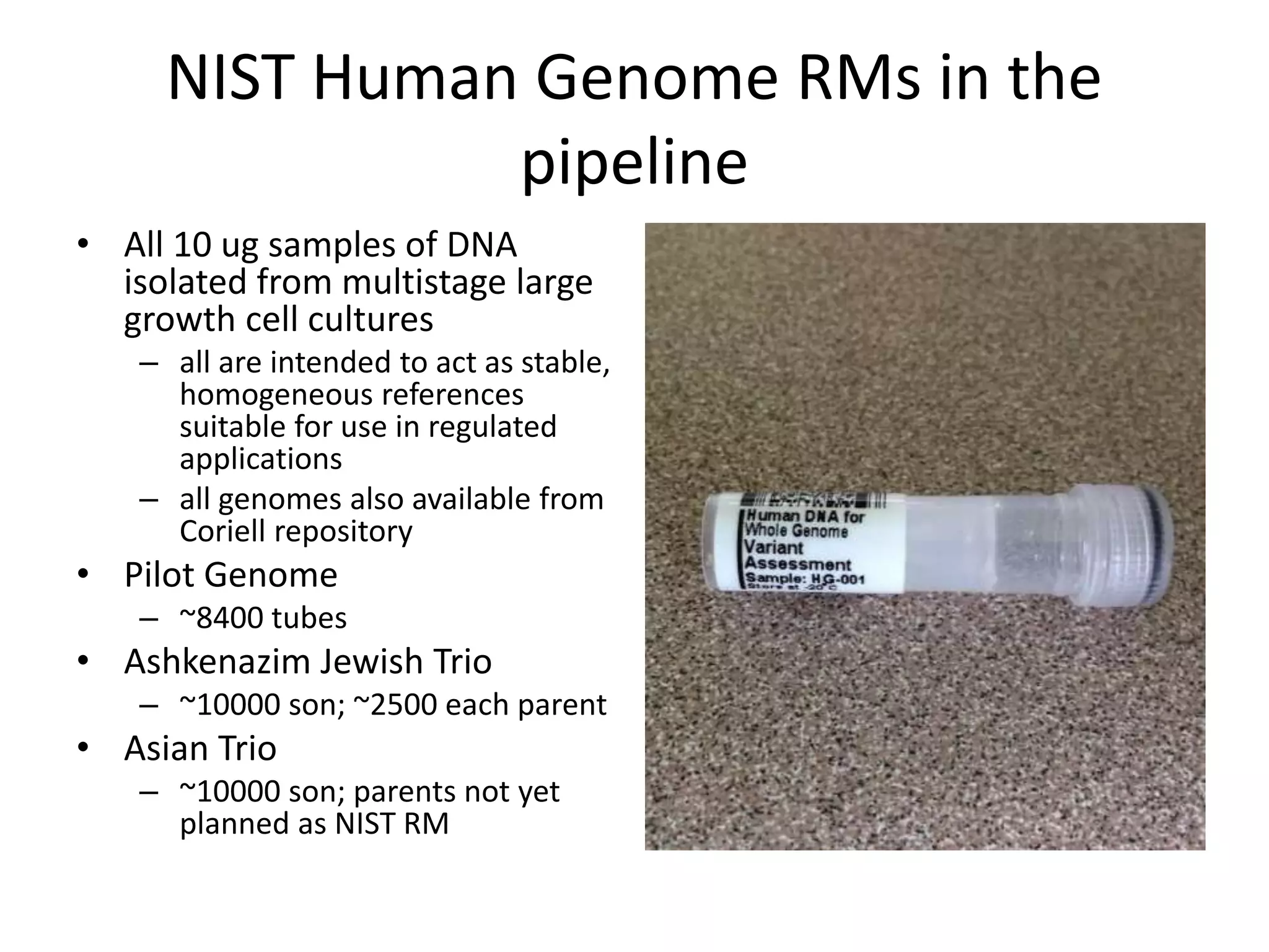 NIST Human Genome RMs in the
pipeline
• All 10 ug samples of DNA
isolated from multistage large
growth cell cultures
– all are intended to act as stable,
homogeneous references
suitable for use in regulated
applications
– all genomes also available from
Coriell repository
• Pilot Genome
– ~8400 tubes
• Ashkenazim Jewish Trio
– ~10000 son; ~2500 each parent
• Asian Trio
– ~10000 son; parents not yet
planned as NIST RM
 