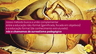 nosso método busca a união complementar 
entre a educação não-formal (gamificada, focada em objetivos) 
e a educação formal (de conhecimento estruturado). 
nós o chamamos de surrealismo pedagógico 
SAIBA 
MAIS 
 