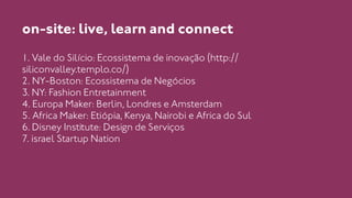 on-site: live, learn and connect 
1. Vale do Silício: Ecossistema de inovação (http:// 
siliconvalley.templo.co/) 
2. NY-Boston: Ecossistema de Negócios 
3. NY: Fashion Entretainment 
4. Europa Maker: Berlin, Londres e Amsterdam 
5. Africa Maker: Etiópia, Kenya, Nairobi e Africa do Sul 
6. Disney Institute: Design de Serviços 
7. israel Startup Nation 
 