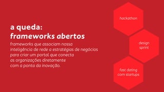 a queda: 
frameworks abertos 
frameworks que associam nossa 
inteligência de rede a estratégias de negócios 
para criar um portal que conecta 
as organizações diretamente 
com a ponta da inovação. 
design 
sprint 
hackathon 
fast dating 
com startups 
 
