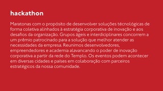 hackathon 
Maratonas com o propósito de desenvolver soluções técnológicas de 
forma coletiva alinhados à estratégia corporativa de inovação e aos 
desafios da organização. Grupos ágeis e interdiciplinares concorrem a 
um prêmio patrocinado para a solução que melhor atender as 
necessidades da empresa. Reunimos desenvolvedores, 
empreendedores e academia alavancando o poder de inovação 
corporativa a partir da rede do Templo. Os eventos podem acontecer 
em diversas cidades e países em colaboração com parceiros 
estratégicos da nossa comunidade. 
 
