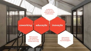 coworking educação inovação 
500 estações 
de trabalho, 
salas de reunião 
e áreas de living. 
laboratório 
de inovação 
e prototipagem. 
auditório, 
salas de aula, 
salas de estudo 
e biblioteca. 
 