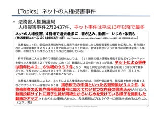 Copyright © 2014 hikariba All Rights Reserved
  ［Topics］ネットの⼈人権侵害事件
•  法務省省⼈人権擁護局
⼈人権侵害事件2万2437件、ネット事件は平成13年年以降降で最多
7
ネットの人権侵害、４割増で過去最多に　書き込み、動画…　いじめ・体罰も
（MSN産経ニュース  2014年03月14日　http://sankei.jp.msn.com/affairs/news/140314/crm14031413250008-n1.htm）
 　法務省省は１４⽇日、全国の法務局が昨年年に救済⼿手続きを開始した⼈人権侵害事件の概要を公表した。昨年年扱わ
れた⼈人権侵害事件は２万２４３７件で前年年より４９３件減少。救済⼿手続きに⼊入った事件の総数は平成１６年年
以降降、年年間２万１千件から２万３千件台で推移している。
 　昨年年⼿手続きに⼊入った事件で特徴的な傾向としては、（１）無断で個⼈人情報を掲載するなどインターネット
を使った⼈人権侵害（２）学校でのいじめ（３）教職員による体罰－の３つが急増。ネットによる事件
は前年年⽐比４２．６％増の９５７件となり、現⾏行行と同⽅方法の統計が残る平成１３年年以降降で最多
だった。学校でのいじめは４０３４件（前年年⽐比１．２％増）、教職員による体罰は８８７件（同１３９．
７％増）にのぼり、いずれも過去最多となった。
 　法務省省⼈人権擁護局によると、ネットによる⼈人権侵害の内訳は、住所や電話番号、顔写真を無断で掲載する
などのプライバシー侵害が６００件、掲⽰示板での中傷といった名誉毀損が３４２件。⼥女女
性被害者の⽒氏名や携帯電話番号に加えてわいせつな内容の書き込みがされたり、
動画投稿サイトに男⼦子⽣生徒が同級⽣生からいじめを受けている様⼦子を撮影した
動画がアップされたりした事例例があった。各法務局はプロバイダーに削除を求めるなどした。
（以下、略略）
 