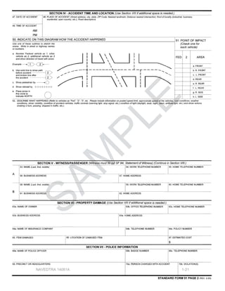 Standard Form 47
(Rev. 1-77) PHYSICAL FITNESS INQUIRY FOR MOTOR VEHICLE OPERATORS
U.S. Civil Service Commission 47-105
FPM Chapter 930
1. Last Name-First Name- Middle Name 2. Date Of Birth 3. Title Of Position
4. Home Address (Number, street or RFD, city or town, State ZIP code) 5. Employing Agency
6. Have you ever had or have you now (place check at left of each item):
YES NO YES NO
Poor vision in one or both eyes Arthritis, rheumatism, swollen or painful joints
Eye disease Loss of hand, arm, foot, or leg
Poor hearing in one or both ears Deformity of hand, arm, foot, or leg
Diabetes Nervous or mental trouble of any kind
Palpitation, chest pain, or shortness of breath Blackouts or epilepsy
Dizziness or fainting spells Sugar or albumin in urine
Frequent or severe headaches Exsessive drinking habit (alcohol)
High or low blood pressure Other serious defects or diseases
Drug or narcotic habit
7. If your answer is yes to one or more of the above questions,explain fully in this space, indicating date of original condition and
current status:
8. (A) Do you wear glasses (or contact lenses) while driving? YES NO
(B) Do you wear a hearing aid ? YES NO
PRIVACY ACT NOTICE
Authority: This information is provided pursuant to Public
Law 93-579 (Privacy Act of 1974), December 31, 1974, for
individuals completing Standard Form 47, Physical Fitness
Inquiry for Motor Vehicle Operators U.S. Code, Title 5, sec-
tion 301.
Purposes and Uses: SF 47 is used to ascertain the physical
fitness of Federal employees, whose jobs are not regular
motor vehicle operating jobs, to drive Government- owned
motor vehicles. It is also used in the renewal of authoriza-
tions for all employees. Based on the information provided,
employees may be referred for a medical examination before
being given a renewal.
Effects of Non Disclosure: Nondisclosure of this information
will result in the employee not being authorized to drive a
Federal motor vehicle. The disclosure of this information is
mandatory when an employee's job requires driving a Federal
motor vehicle and is voluntary otherwise.
I certify that my answers are full and true, and I understand that a willfully false statement or dishonest answer to any
question may be grounds for cancellation of my eligibility or my dismissal from the service and is punishable by law.
Signature Date
REVIEW AND CERTIFICATION BY DESIGNATED OFFICIAL
I certify that I have reviewed this physical fitness inquiry form and other available information regarding the physical
condition of the applicant, and that I have made the following determination:
There is no information on this form or otherwise available to indicate that the applicant should be referred for physical
examination.
On the basis of items checked in this form or other information, this applicant must be referred for physical examination
before he/she is authorized to operate a government- owned motor vehicle or his/her current authorization is renewed.
Items checked on this form or otherwise available do not warrant referral for medical examination because of the following
facts:
Signature of designated official Date
Adapted For Computer Use 11/8/2000
6
information on thimation on th
6$0
3o PublicPublic
, 1974, for4, for
ysical Fitnessess
Code, Title 5, sec-ode, Title 5, sec-
d to ascertain the physicaln the physical
whose jobs are not regularhose jobs are not regula
s, to drive Government- ownedo drive Government- owned
motor vehicles. It is alsmotor veh
tions for all employetions fo
employees may bemploy
being given a rng give
Effects oEffec
will rewill r
Fe
3/(
fo
and, armnd, ar
(
mental troublemental t
(
s or epilepsyor epi
(
or albumin in uriner albumin in urine
(
essive drinking habit (alcohol)e drinking habit (alcohol)
(
Other serious defects or diseasesus defects or diseases
/(/(/
y in this space, indicating date of oriin this space, indicating date of or
/(
3YESYE
3/
NONO
3/3YESYE3/NONO3/3
answers are full and true, and I undefull and true, and I und
ounds for cancellation of my eligibilunds for cancellation of my eligibi
$0
6$
REVIEW AND CEREVIEW AND C
6$
hat I have reviewed this physiat I have reviewed this phys
pplicant, and that I haveplicant, and that I hav
6$6
)LJXUH  ± 3KVLFDO )LWQHVV ,QTXLU IRU 0RWRU 9HKLFOH 2SHUDWRU¶V
6WDQGDUG )RUP 1$9('75$ $ 
 