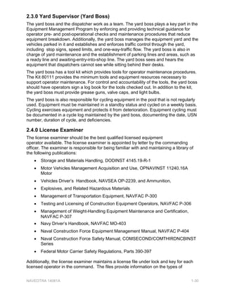 LV UHTXLUHG
IRU RSHUDWLQJ FRQVWUXFWLRQ HTXLSPHQW ,QIRUPDWLRQ WKDW PXVW EH FRPSOHWHG DQG YDOLGDWHG
RQ WKH 1$9)$  LQFOXGHV FDUG QXPEHU RSHUDWRU¶V QDPH GHVFULSWLRQ RI WKH
HTXLSPHQW PDNH DQG PRGHO RI WKH HTXLSPHQW WSHV RI FRQWUROV H[DPLQHU¶V VLJQDWXUH
DQG RSHUDWRU¶V VLJQDWXUH 7KH 1$9)$  LV YDOLG IRU  HDUV DQG H[SLUHV RQ WKH
RSHUDWRU¶V ELUWK GDWH
)LJXUH  ± RQVWUXFWLRQ (TXLSPHQW 2SHUDWRU /LFHQVH 5HFRUG
1$9)$ 
 RQVWUXFWLRQ (TXLSPHQW 2SHUDWRU /LFHQVH 1$9)$ 
1$9('75$ $ 
 